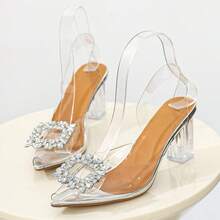 Fashionable Women's Pointed Toe Block Heel Sandals - Transparent Ankle Strap, Rhinestone Buckle, Faux Overlay Fabric And Rubber Sole, Perfect For Summer Parties And Events, High Heel Sandals - 銀色 - 查看 4