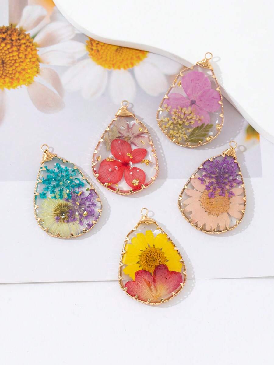 3pcs Teardrop Resin Dried Flower Wrapped Copper Wire Earrings, Necklace, Bag Decoration DIY Pendant