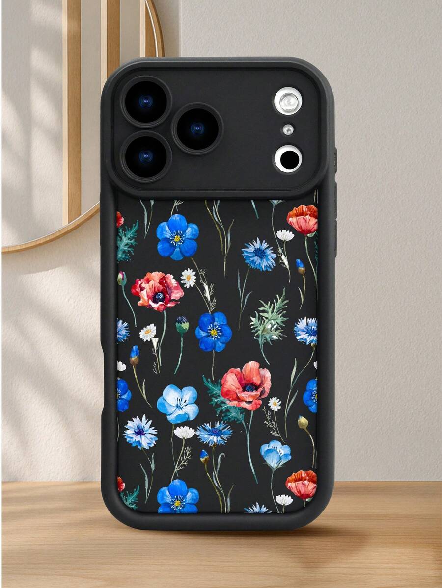 1PC ブラック地にブルーとレッドの水彩風花が描かれたスマホケース ナチュラルで洗練されたボタニカルデザイン 鏡頭完全保護、衝撃吸収・傷防止機能付き 対応機種：iPhone17/16/15/14/13/12/11PLUS/PRO/PROMAX - ブラック - チェックする 1