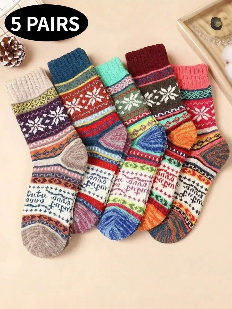 1/5 perechi șosete vintage groase pentru bărbați, până la jumătatea gambei, calde și confortabile, articol la modă de toamnă/iarnă - Multicolor - Vizualizare 1