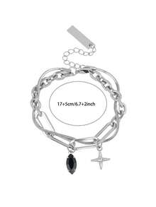 Men's Black Onyx Star Bracelet, Multi-Layer Titanium Steel Wrap Bangle, Minimalist Stylish Wrist Accessory - Silver - View 6