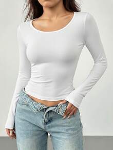 1pc Women Fitted White Crew Neck Elastic Knit Pullover - Basic Layering Top, Suitable For Casual Outfits, Comfortable & Fashionable For Daily Wear, Autumn - White - View 2