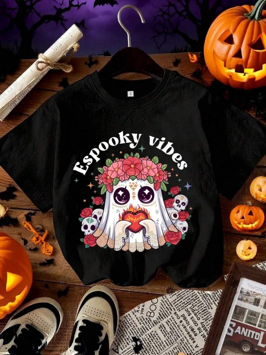 Autumn theme, Death Day candy skeleton inspirational pattern T-shirt, pure cotton T-shirt round neck single piece casual top, soft and comfortable top, participate in religious Halloween Thanksgiving Christmas party - Negro - Ver 1