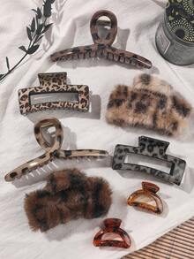 8件豹纹琥珀色优雅简约方形发夹，大号一体式十字架，小号半圆组合发饰，秋冬时尚发夹优雅爪夹冬季发夹 - 彩色 - 查看 3