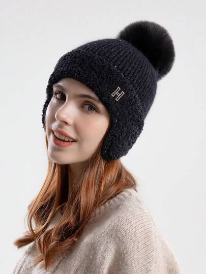 OBOVAY 1pc Women's Cashmere Earflap Thickened Knitted Beanie Hat, Winter Warm & Cold-Proof, No-Brim Knit Cap For Daily Wear