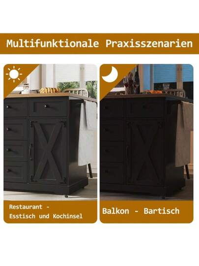 High Quality Kitchen Isl Multifunctional Serving Cart Wood Grain Large Storage Space, Mobile Buffet Cabinet, Dining Room, Living Kitchen, Zwart view 5