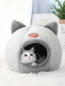 PETSIN 1 件聚酯纤维猫形洞穴床屋，可爱舒适温暖的睡眠角落，适合中小型猫，防滑，室内睡眠四季使用 - 灰色 - 查看 2