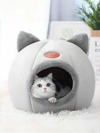 PETSIN 1 件聚酯纤维猫形洞穴床屋，可爱舒适温暖的睡眠角落，适合中小型猫，防滑，室内睡眠四季使用