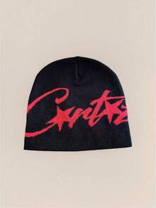 1 pieza Gorro de punto con letra de nicho, accesorio de cabeza cálido unisex adecuado para uso casual, calle, parejas, estudiantes en otoño/invierno