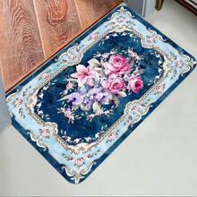 Tapete com estampa floral - estilo boho vintage, azul com flores rosa e brancas, elegante acabamento dourado, poliéster macio, perfeito para decoração moderna de casa, sala de estar ou quarto, tapete de área - Multicolorido - Ver 6