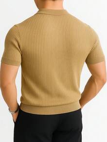 Men's Ribbed Cotton Polo Shirt With V-Neck – Sophisticated Style And Perfect Fit - Màu Khaki - Xem 2