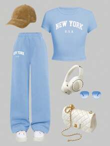 Tween Girls' Casual American Letter Print T-Shirt And Pants Set, Summer - Blue - View 9