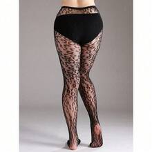 1pc Plus Size High Stretch Leopard Print Fishnet Leggings, Sexy Black Hollow Net Stockings For Halloween Costume, Fashionable - 黑色 - 查看 4