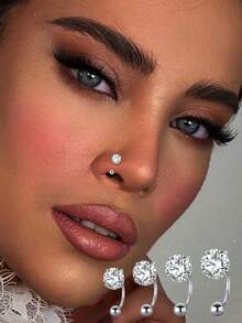 1pc S925 Sterling Silver Nose Stud, 3/4/5/6mm White Cubic Zirconia Nose Stud, Curved Hook Nose Ring, Unisex, Minimalist Nose Piercing Jewelry