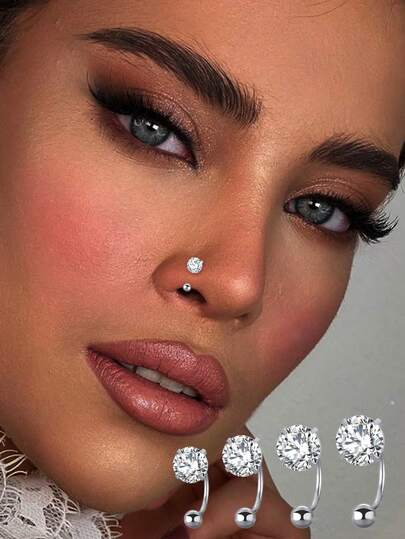 1pc S925 Sterling Silver Nose Stud, 3/4/5/6mm White Cubic Zirconia Nose Stud, Curved Hook Nose Ring, Unisex, Minimalist Nose Piercing Jewelry