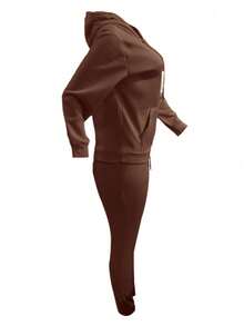 LovelyWholesale Bộ áo và quần dài tay có mũ, túi, kiểu dáng đơn giản, thường ngày dành cho nữ, thích hợp mặc mùa xuân. - Cà phê nâu - Xem 9