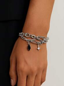 Men's Black Onyx Star Bracelet, Multi-Layer Titanium Steel Wrap Bangle, Minimalist Stylish Wrist Accessory - Silver - View 7