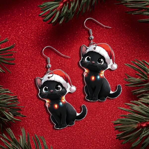 1 Pair Cute Cartoon 2D Santa Hat Black Cat Earrings, Suitable For Christmas Wear