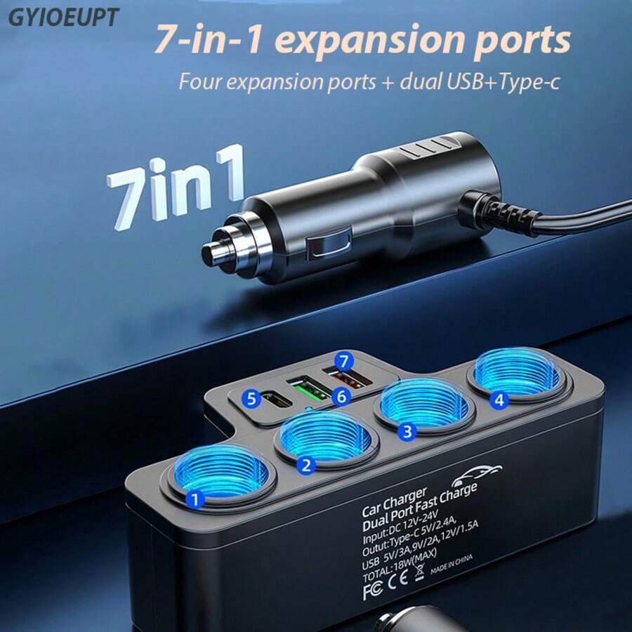 Black ABS Material Car Charger With 2 USB Ports And PD Fast Charging Port, QC3.0 Multi-Function Car Power Distributor With 7 Sockets, Suitable For 12-24V Vehicles, Auto Accessories - Black - View 1