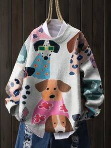 [满印] [轻薄] [毛衣] 休闲可爱小狗图案圆领长袖针织时尚轻薄毛衣 女款 秋冬