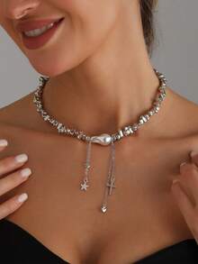 1PC "Elegant Asymmetrical Faux Pearl Beads Necklace For Women Vintage Party Wedding Tassels Choker Fashion Jewelry Accessories Gift " - Necklace - View 3