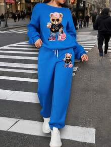 Women's Round Neck Bear Print Sweatshirt And Matching Drawstring Waist Pants Two Pieces Casual Outfit - Blue - View 1