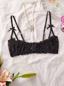 加大码黑色蕾丝性感蝴蝶结装饰半杯钢圈文胸、内衣