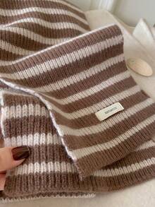 Couple's Simple Knitted Scarf, New Striped Knitted Scarf For Women, Student, Versatile And Warm Neck Warmer, Autumn/Winter - Stripe Coffee - View 4