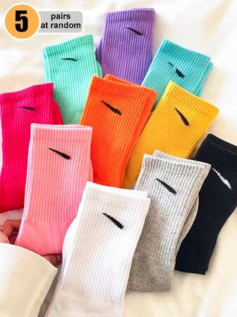 5 双糖果色斜纹休闲简约透气薄款中筒袜，适合女士，百搭且