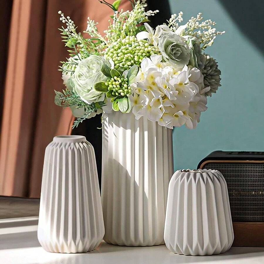 White Ceramic Vase Set Of 3 Boho For Modern Home DecorNordic Minimalism Decor Office Entryway Living Room Centerpiece Table Decorations Vases - White3Set - View 1