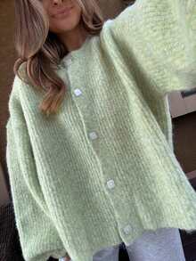Womens Cardigans Long Sleeve Open Front Knitted Cardigan Button Round Neck Sweater Lightweight Solid Color Jumper - Verde - Ver 4