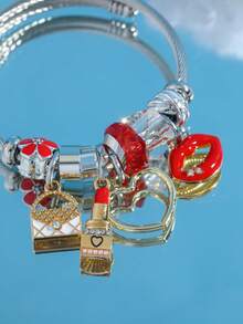 1pc Adjustable Titanium Steel Wire Bracelet With Heart-Shaped Lipstick Charm, Popular European And American Style - Silver - View 4
