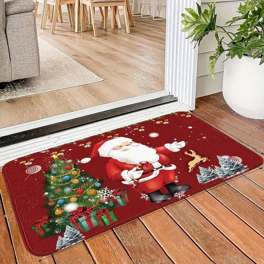 Felpudo decorativo con estampado de Papá Noel, hecho de poliéster, lavable a máquina, antideslizante y resistente a las manchas, liviano y adecuado para el hogar, dormitorio/sala de estar/cocina, tejido a máquina, diseño navideño para alfombra de cocina