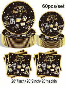 New Year's Eve Themed Party Plate Set, Including 20 Person Sets/10 Person Sets, 7-Inch+9-Inch+Themed Paper Cups+Napkins, Party Exclusive! Suitable For Outdoor Picnics, Daily Gatherings, Restaurant Decorations, Kitchens, Birthday Parties, Bridal Showers - Multicolor - View 13