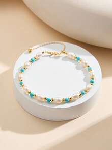 AETOLIA S925 Sterling Silver Natural Freshwater Pearl Bracelet, Handmade Original Design With Turquoise/Lapis Lazuli/Malachite/Amazonite/Garnet, Vintage Fairy Style, Adjustable Sliding Chain, Suitable For Women's Daily, Commute, Wedding Wear - Gold - View 21