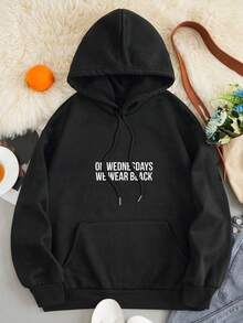 Women's Graphic Printed Casual Hoodie With Pocket On Wednesdays We Wear Black Winter Fall Cloth For Women Autumn - 黑色 - 查看 2