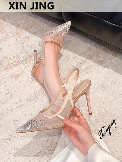Xin Jing Shoes Nuevos tacones altos de mujer para primavera/verano, sandalias de moda versátiles con punta puntiaguda, malla, rhinestones y tacón de aguja hueco para boda y fiesta