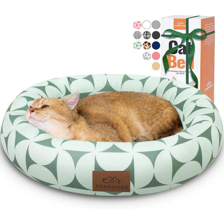 20in Washable Round Donut Indoor Pet Bed For Cats, Small Dogs, Puppies, Kittens - Anti-Slip Bottom, Calming Bed - Pink - Hoa văn màu xanh lá cây - Xem 1