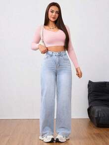 Jeans de talle alto de pierna ancha - Lavado ligero - Ver 4