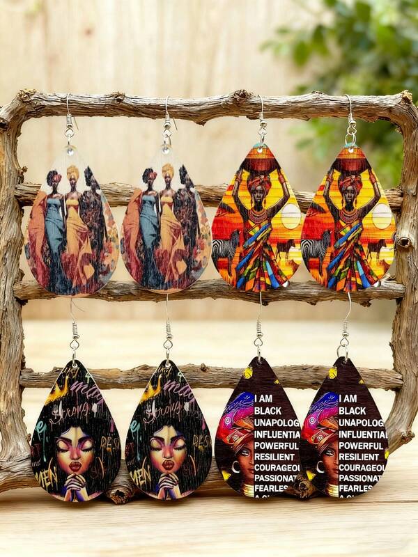 4 Pairs/Set Handmade Wooden Teardrop Retro Print Earrings, Suitable For Party, Mother's Day, Carnival, Women