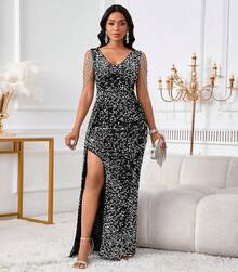 Cololura Women Elegant Sequin Tassel Bodycon Formal Party Gowns Evening Maxi Dress - 黑銀色 - 查看 4