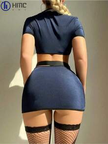 Women  Costume Sexy Cop Halloween Costumes Outfits Cosplay Lingerie Exotic Lingerie Sets With Belt 4 Piece - Màu xanh hải quân - Xem 6