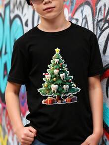 Playeras de niño Árbol de Navidad con personajes de dientes tops para adolescentes sudaderas de niño Camisetas de niña Regalos navideños Camiseta de Halloween para niñas Camisetas navideñas Camisetas para niños y niñas La tela es suave, transpirable y cómoda, hecha de puro algodón. - Negro - Ver 1