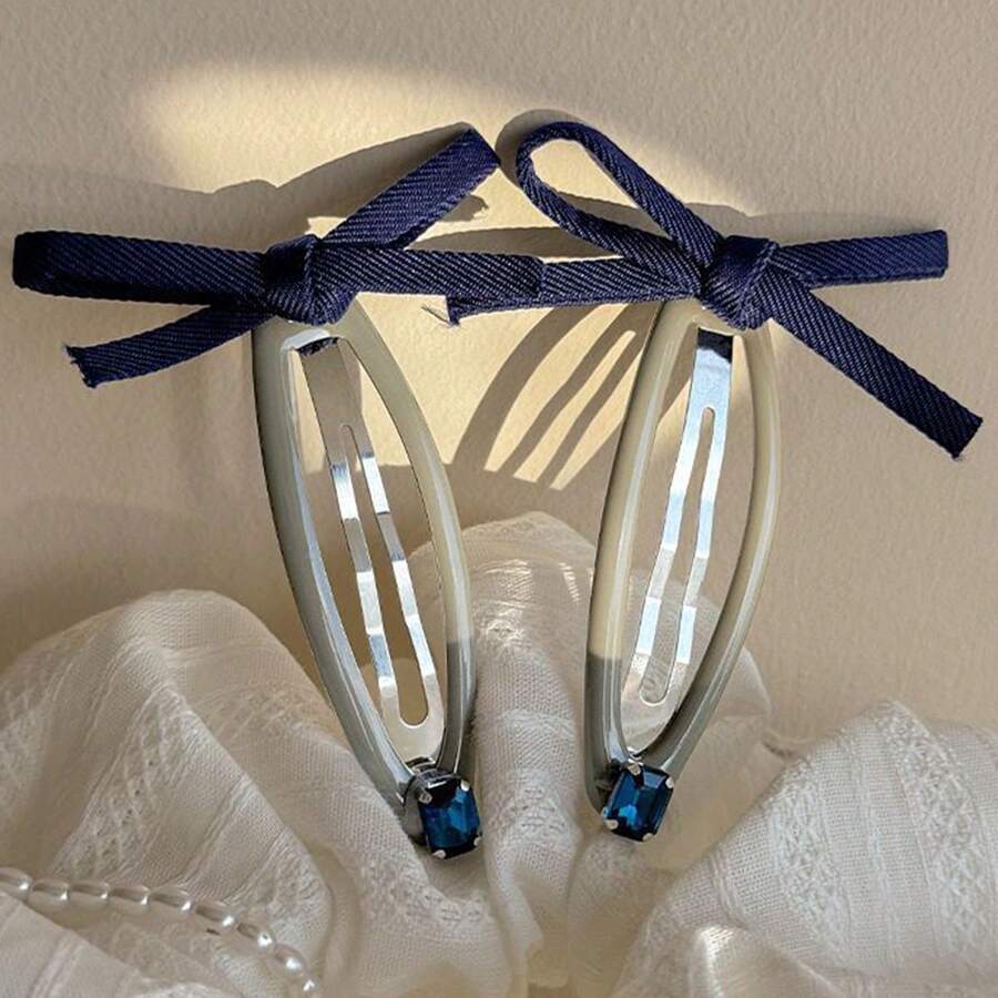 Korean Style Blue Bow Rhinestone Hair Clip, Cute Bangs Side Clip For Women, Autumn/Winter, Claw Clips