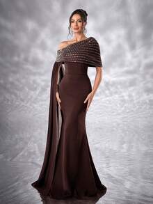 YISIKADO Women Elegant Ball Gown Rhinestone One Shoulder Shawl Sleeveless Formal Evening Dress Mermaid Fishtail Hem Prom Party Dress Elegant Wedding Guest Prom Party Banquet Dinner Graduation Adult Ceremony Celebration Concert Red Carpet Ceremonial Dress - 鏽棕色 - 查看 5