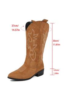 仿麂皮尖头厚底刺绣西部靴，马靴，时尚靴，中筒靴，靴子，适合度假、西部主题活动、音乐节 - 棕色 - 查看 6
