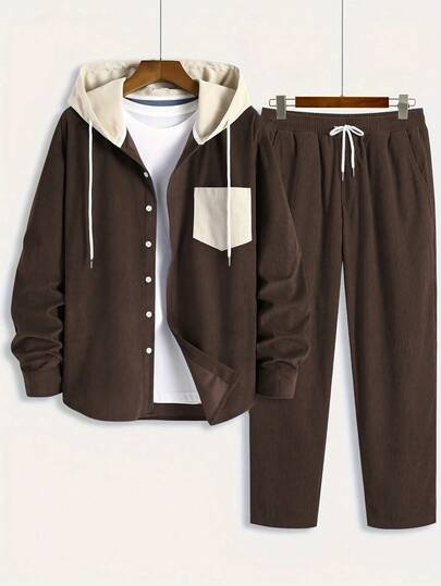 Modernt manchestertyg, enkelt och moderiktigt, plusstorlek, herrset med 2 delar, huva med kontrastfärgade knappar, dragsko och sneda fickor, avslappnad collegestil, lämplig för vardagsbruk, vår/höst/vinter, ny ankomst, långärmad huva med 2 delar