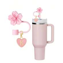 2pcs/1set Heart & Letter Pomegranate Flower Straw Topper, Pink Cup Letter Marker, And Silicone Pomegranate Flower Reusable Straw Cap 10mm Wide Straw, Cute Letter Decorations, Suitable Modern Minimalist Glass Cups - 粉色 - 查看 25