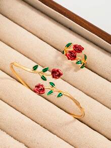 1 Set Of 2pcs Creative & Romantic Rose Flower Bracelet & Ring, Suitable As Valentine's Gift For Girlfriend - Multicolor - View 2