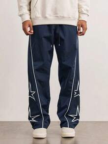 Pantalones de corte holgado para hombre Bordado de estrellas a rayas laterales Estilo americano vintage - Azul - Ver 3